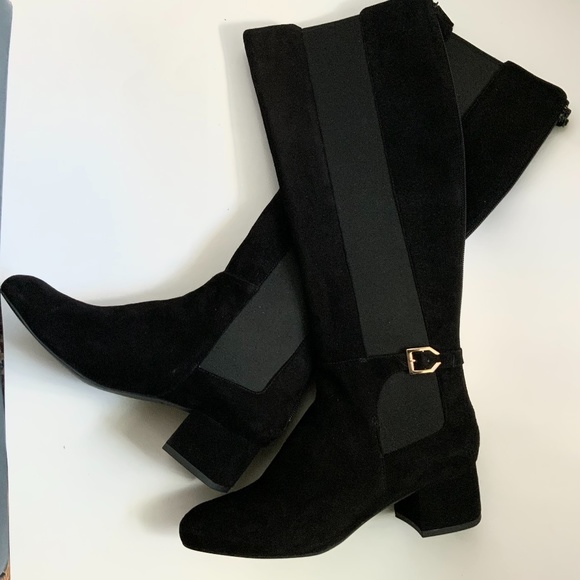 COLE HAAN Avani Stretch Black Suede Leather Over Knee High Heel Riding Boots - Picture 4 of 10
